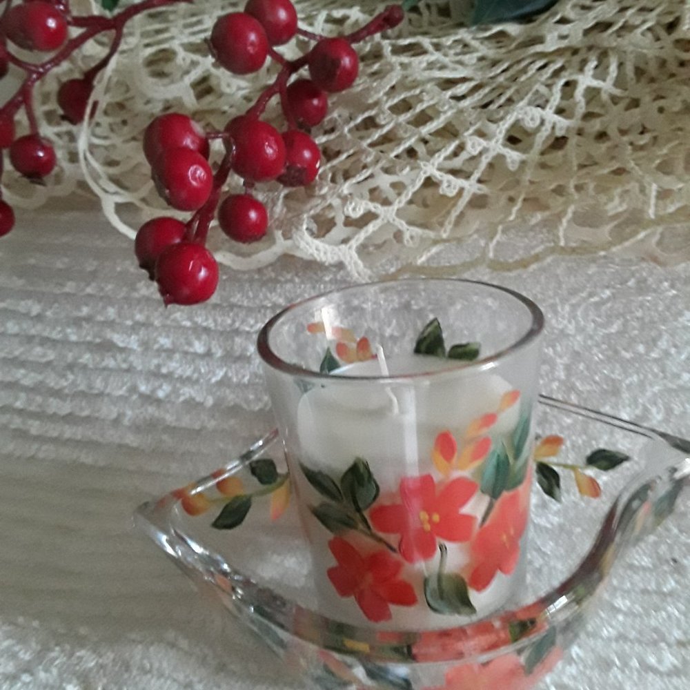 Hand Painted Glass Votive Candle Holder with Saucer - Never Used
